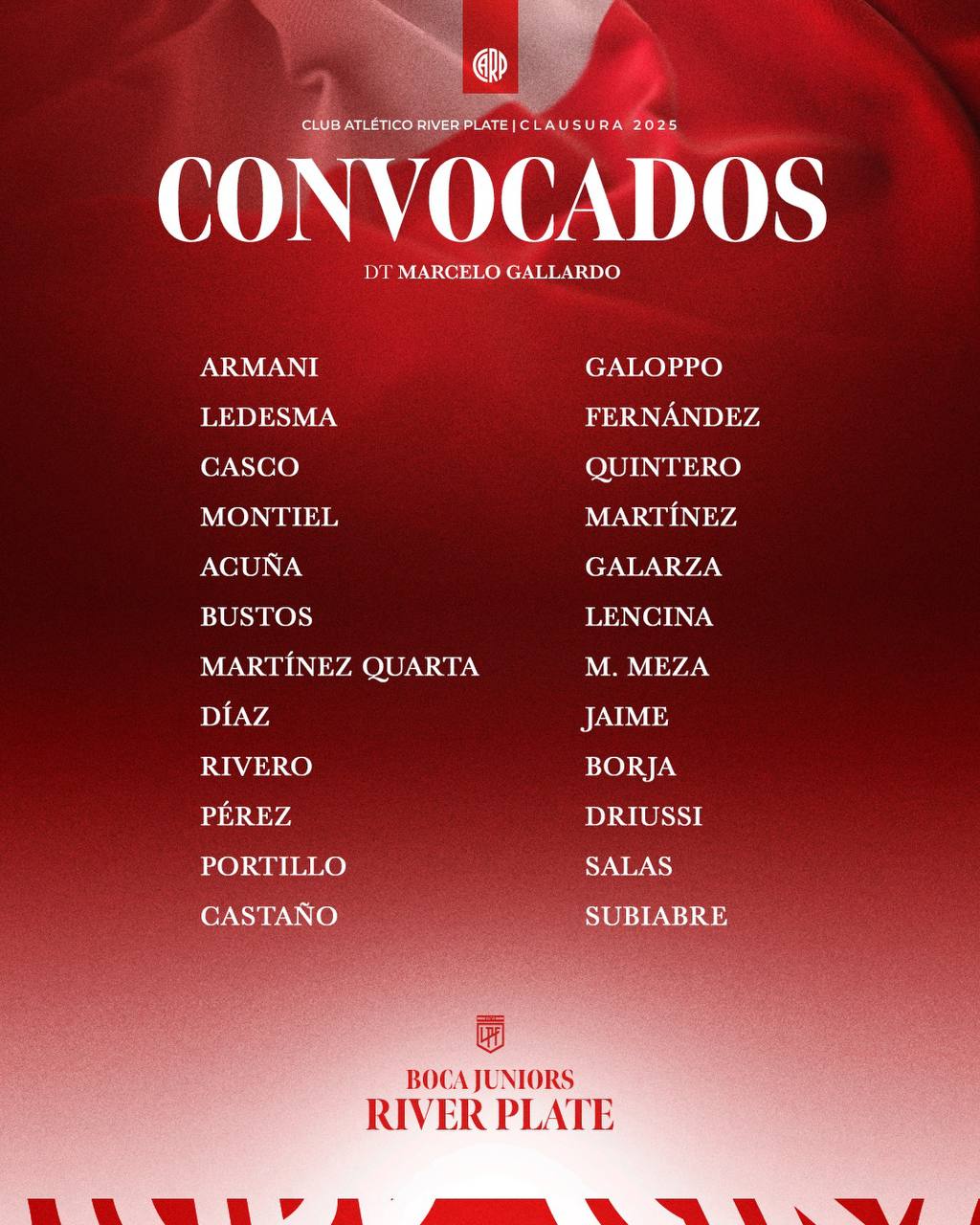River lista de convocados vs Boca