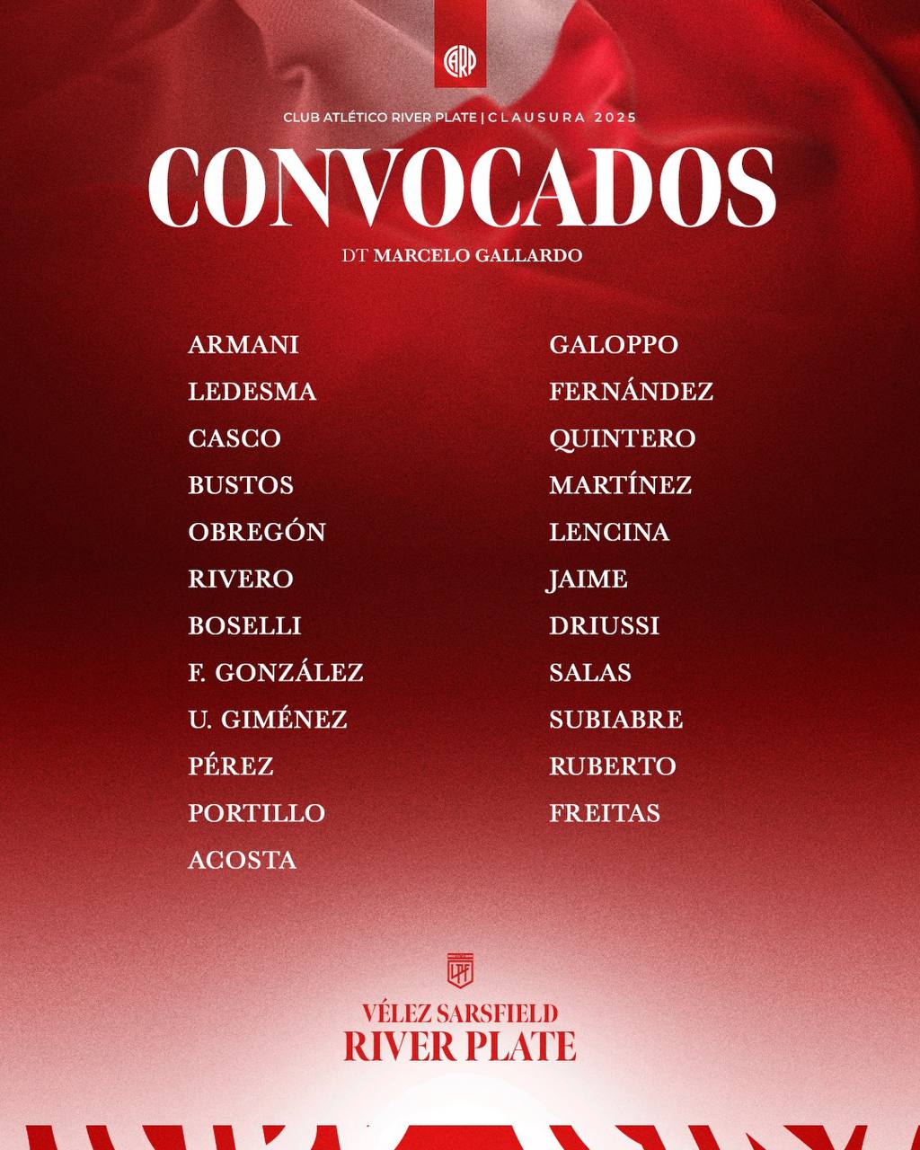 Convocados de River vs Vëlez