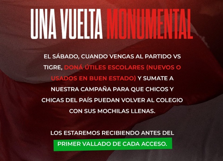 River vs Tigre donación útiles escolares Monumental